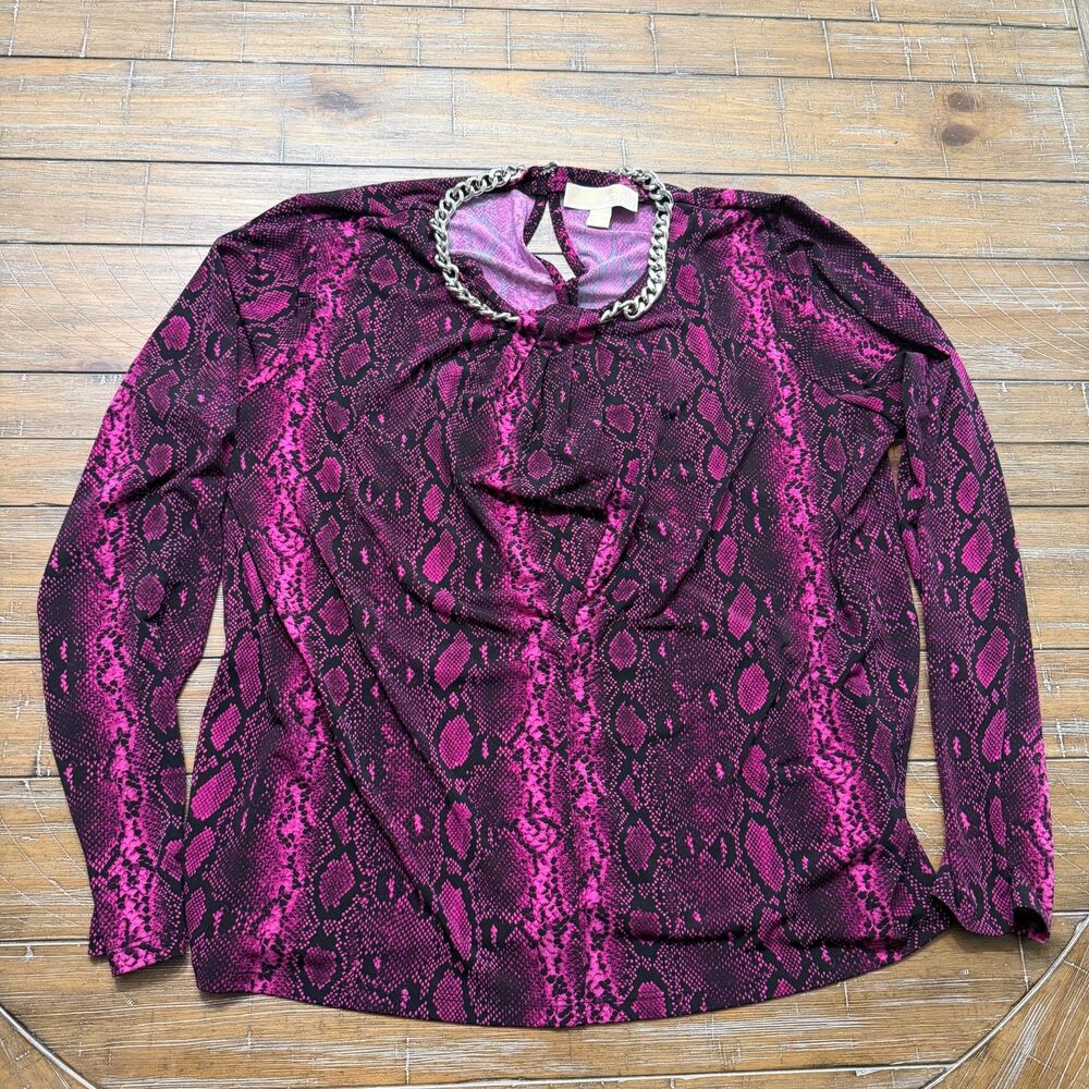 Michael Kors XL Pink Black Snake Print Chain Neck Long Sleeve Stretch Top Blouse